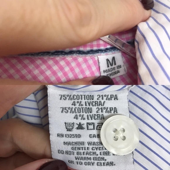 Blue White Striped Button Down Pink Check Size M - Picture 6 of 8